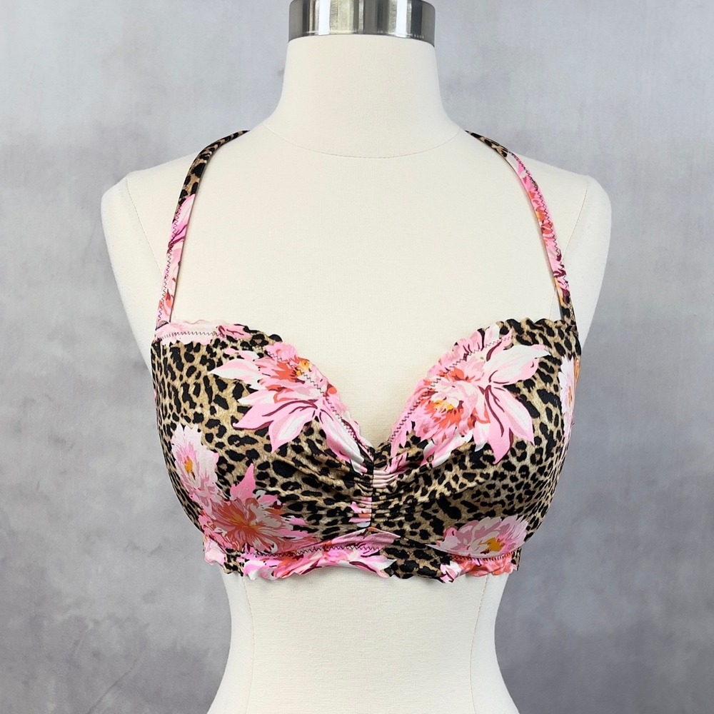 Pinup Halter Bikini Top 34B Leopard Floral Pink Swim‎ Y2K Indie Girly Tropical
